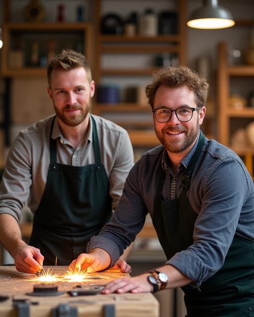 Équipe d'artisans passionnés de LumièreForge dans l'atelier lyonnais